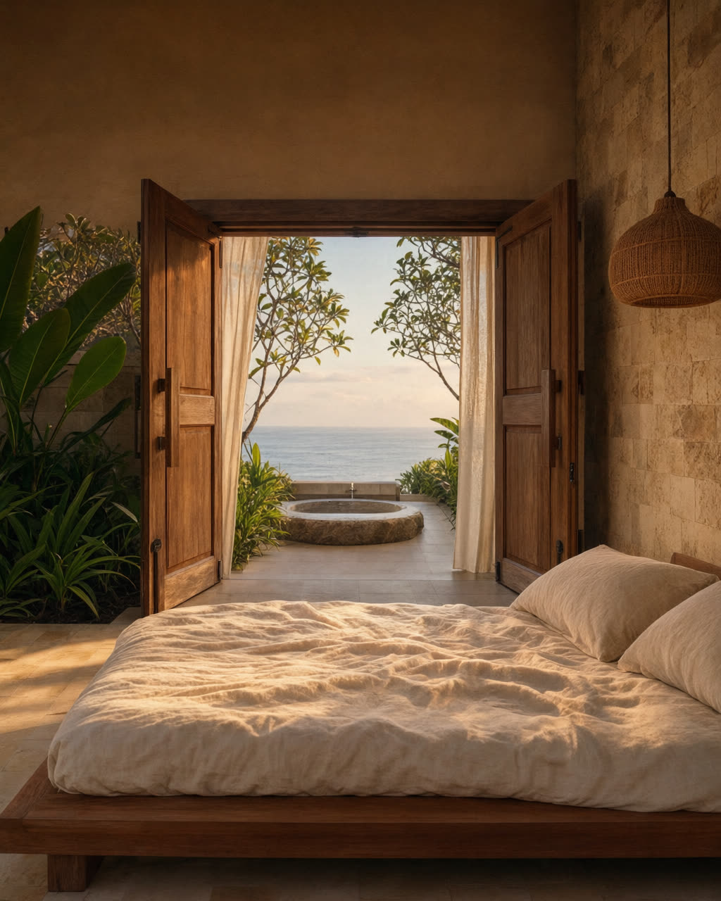 The Cliff Suite: a low teak bed facing an open terrace and outdoor bath.