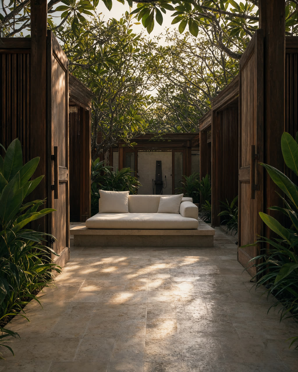 The Garden Pavilion: a daybed in a frangipani courtyard behind teak slats.