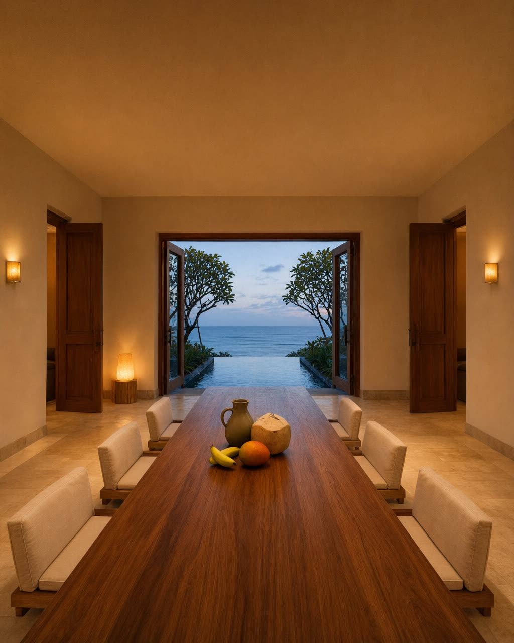 The Long Room: a teak dining table looking over the pool at dusk.