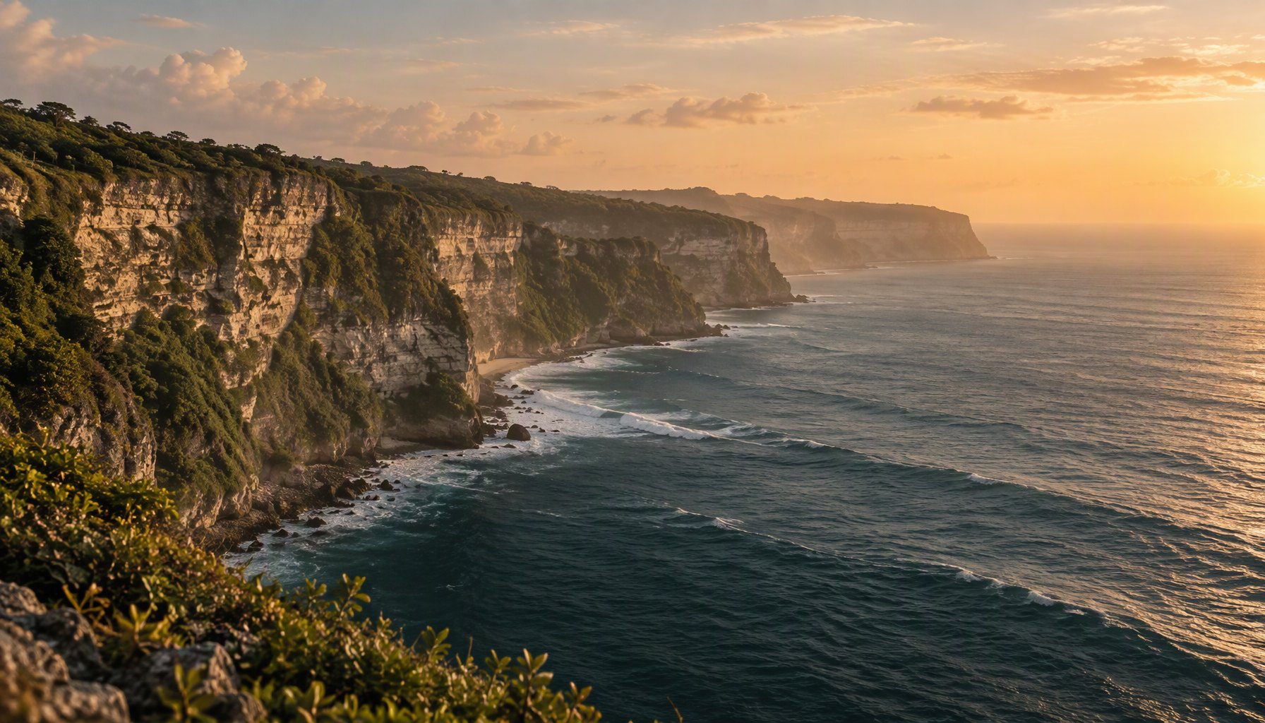 The limestone cliffs at Uluwatu dropping into the Indian Ocean at golden hour.